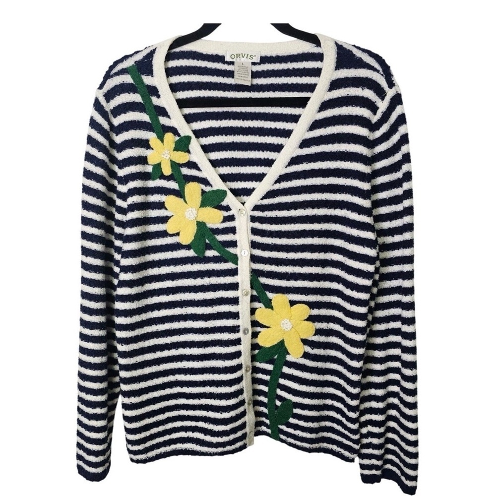 Orvis Striped Cardigan Sweater Floral Applique Button Front Cozy Knit M Women